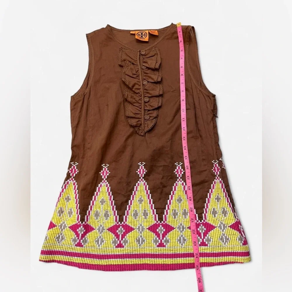 Tory Burch Brown Sleeveless Ruffle-Front Tank with Pink Yellow Embroidery Size 4